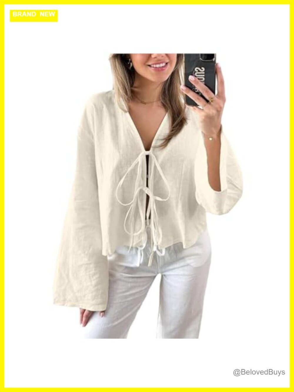 Cotton Linen Bow Tie Front Blouse V Neck Lace Up Top